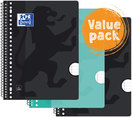 Collegeblok Oxford School A4+ lijn 23-gaats 160 pagina's 80gr voordeelpak assorti 3 stuks