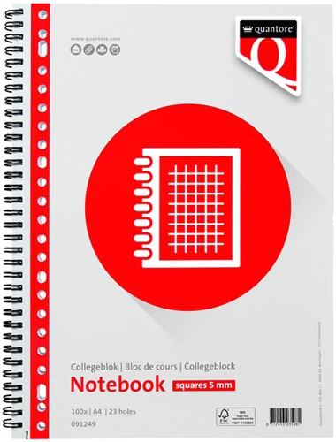 Collegeblok Quantore A4 ruit 5mm 23-gaats 100 vel 70gr
