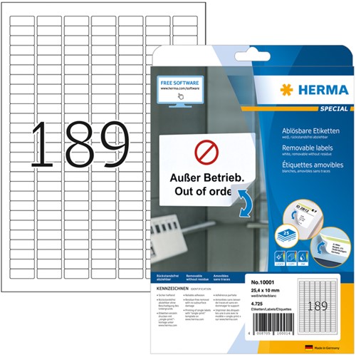 Etiket HERMA 10001 A4 25.4x10mm verwijderbaar wit 4725 etiketten