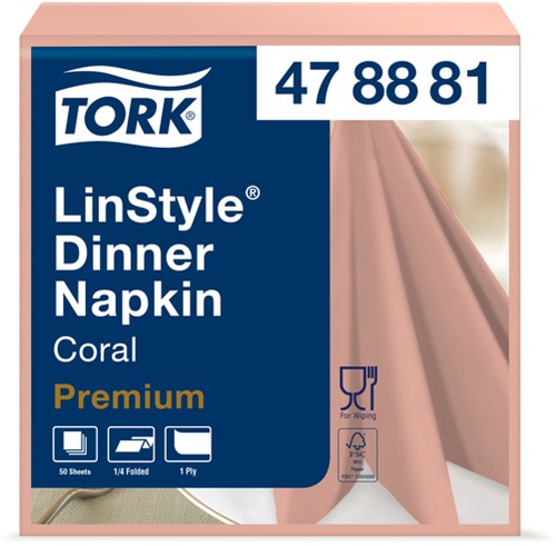 Dinerservet Tork Linstyle Premium 1/4 vouw 1-laags 390x390mm 50 vel koraal 478881
