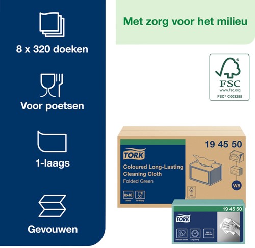 Reinigingsdoek Tork W8 Premium 1-laags 40 vel groen 194550-3