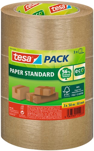 Verpakkingstape tesapack® Papier Standard ecoLogo 50mx50mm bruin bundel 3 rollen