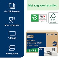 Reinigingsdoek Tork W4 Premium gevouwen 1-laags 4x75 vel wit 473179-2
