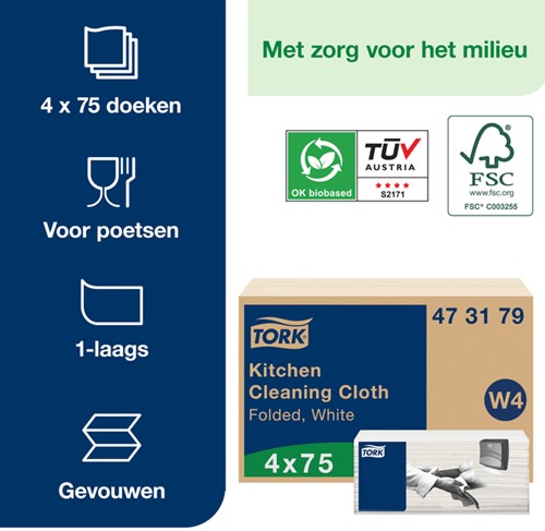 Reinigingsdoek Tork W4 Premium gevouwen 1-laags 4x75 vel wit 473179-2