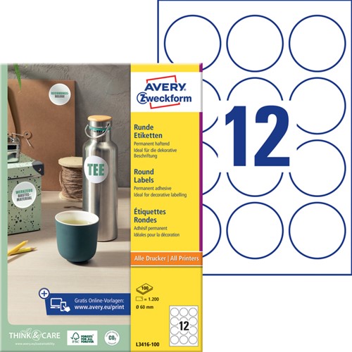 Etiket Avery Zweckform L3416 rond 60mm wit 1200stuks-2