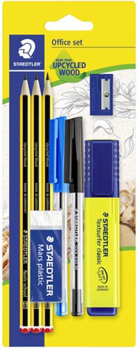Schrijfset Staedtler inhoud 3 Noris potloden HB - 2 balpennen, markeerstift, gum en slijper 8 stuks
