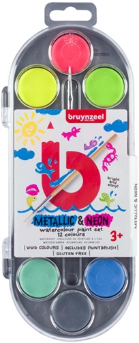 Waterverfset Bruynzeel Kids met penseel set à 12 metallic- en neonkleuren