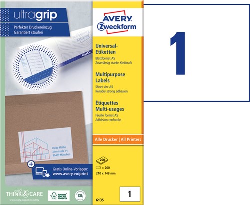 Etiket Avery Zweckform 6135 210x148mm wit 200stuks-2