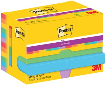 Memoblok Post-it 622 Super Sticky 47,6x47,6mm Playful 12 stuks