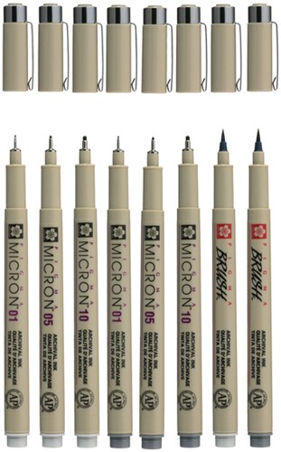 Fineliner en brushpen Sakura Pigma Micron koudgrijs set à 8 stuks assorti-3