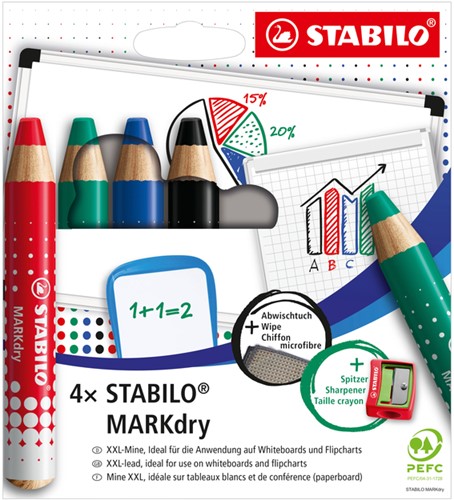 Whiteboardpotlood STABILO MARKdry 648/4 |+ slijper-microvezel ass 4st
