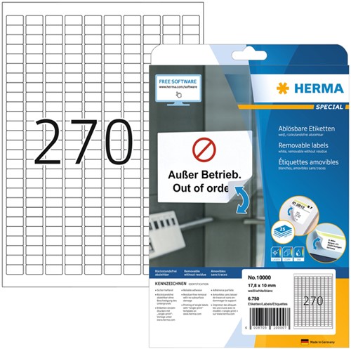 Etiket HERMA 10000 17.8x10mm verwijderbaar wit 6750 stuks