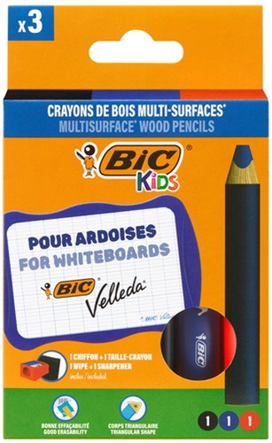 Whiteboardpotlood BicKids Multi Surface + puntenslijper/doekje ass 3st