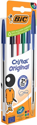 Balpen Bic Cristal medium assorti blister à 5 stuks-3