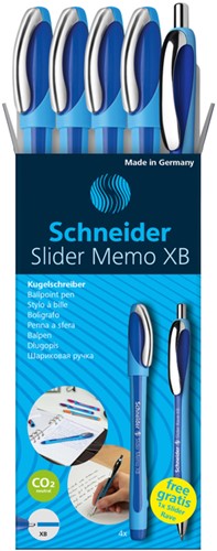 Balpen Schneider Slider Memo XB  blauw 4st + 1 gratis Slider balpen