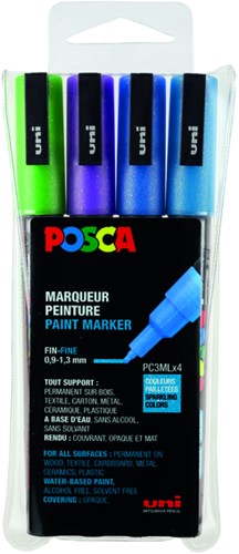 Paintmarker Uni POSCA PC3M fijn glitter koel assorti set à 4 stuks