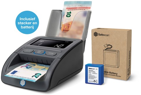 Valsgeld detector Safescan 155-S G2 complete set met oplaadbare batterij en biljetten stacker