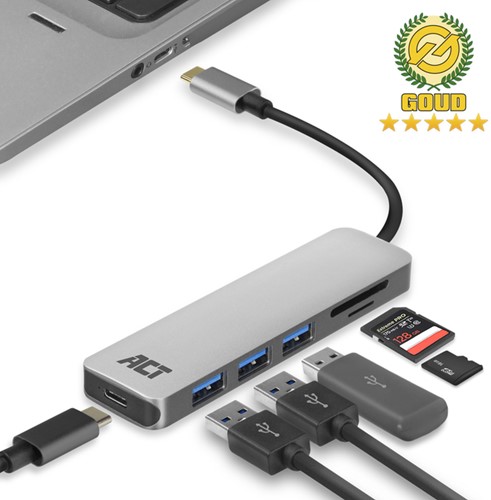 Hub ACT USB-C 3.0, 3x USB-A cardreader PD p-through
