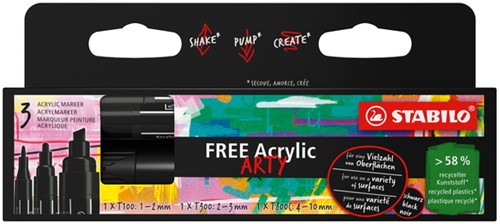 Acrylmarker STABILO  Free Acrylic Mixed Tip set à 3 breedtes zwart