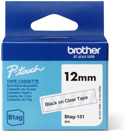 Labeltape Brother P-touch Btag-131 standaard 12mm zwart op transparant