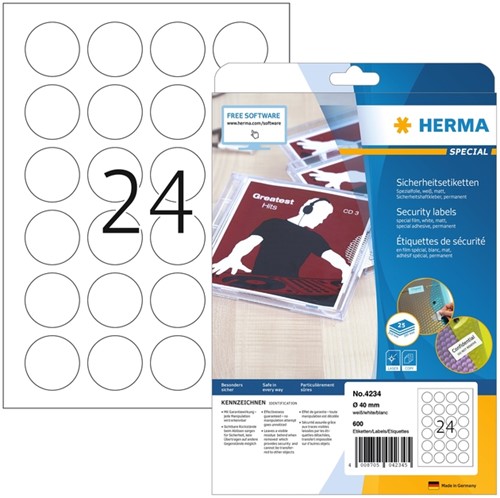 Veiligheidsetiket HERMA 4234 rond 40mm wit 600 etiketten