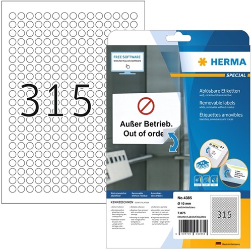 Etiket HERMA 4385 rond 10mm wit 7875 etiketten