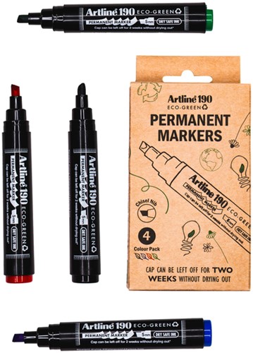Permanent marker Artline 190  Dry Safe Eco schuin 2-5mm assorti 4 stuks