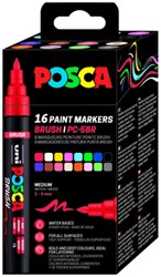 Paintmarker Uni POSCA PC-5BR brushpunt medium set à 16 kleuren