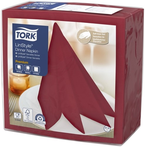 Dinerservet Tork Linstyle Premium 1/4 vouw 1-laags 390x390mm 50 vel bordeaux 478885