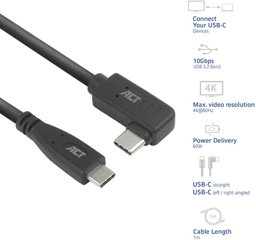 Kabel ACT USB-C standaard naar USB-C hoek 10Gbps 1m-2