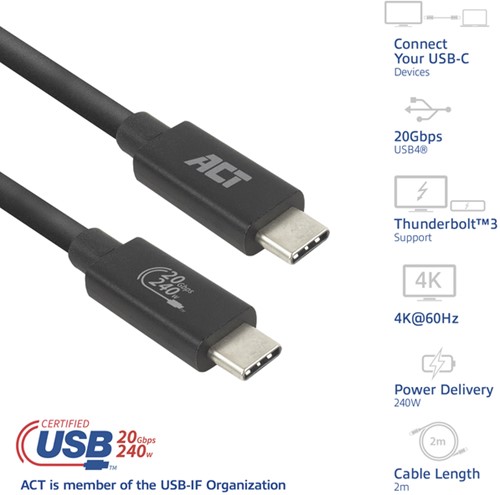 Kabel ACT USB-C 4.0 20Gbps Thunderbolt 3 2m-2