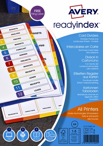 Tabbladen Avery Readyindex 9-gaats 5-delig 1-5 assorti