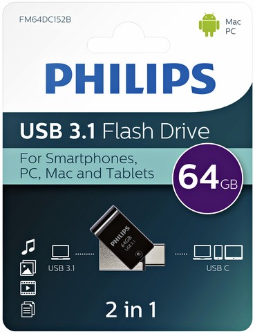 USB stick 3.1 Philips 2in1 USB-A 64GB zwart-2