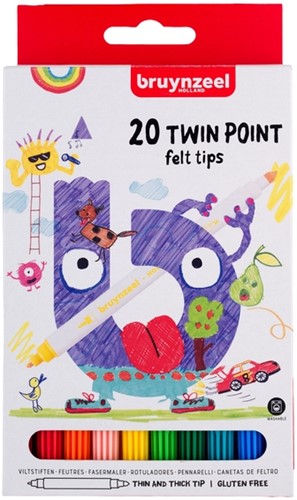Viltstift Bruynzeel Kids Twin Point set à 20 kleuren