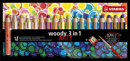 Kleurpotloden STABILO 880 woody 3 in 1 Arty + slijper+penseel ass 18st