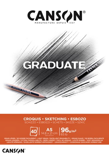 Schetspapier Canson Graduate Sketch 40vel 96gr A5 natuurlijk wit