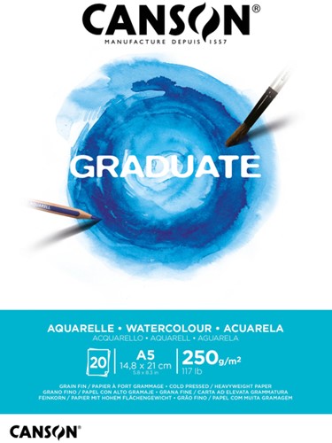 Aquarelpapier Canson Graduate Watercolour 20vel 250gr A5 natuurlijk wit