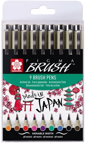 Viltift met brushpen Bruynzeel Sakura Pigma etui à 9 kleuren