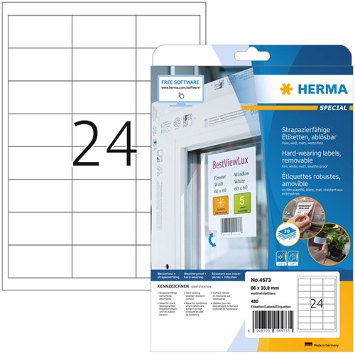 Etiket HERMA 4573 66x33.8mm folie wit 480 etiketten