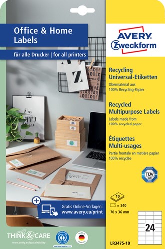 Etiket Avery LR3475 70x36mm recycled wit 2400 stuks