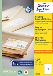 Etiket Avery Zweckform LR3478 210x297mm A4 recycled wit 100 etiketten