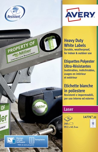 Etiket Avery L4776-20 99.1x42.3mm polyester wit 240 stuks