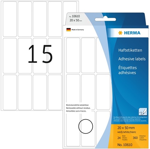 Etiket HERMA 10610 20x50mm verwijderbaar wit 360 stuks