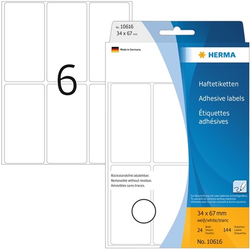 Etiket HERMA 10616 34x67mm verwijderbaar wit 144 stuks