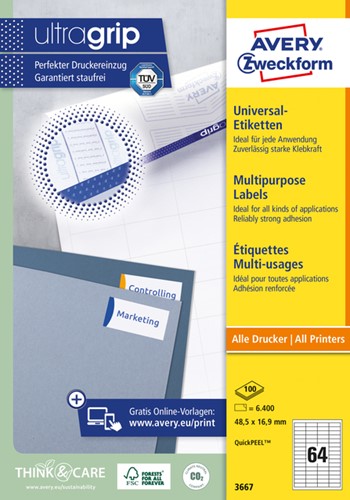 Etiket Avery Zweckform 3667 48.5x16.9mm wit 6400stuks