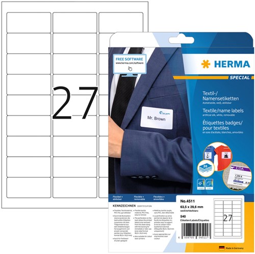 Naambadge etiket HERMA 4511 63.5x29.6mm wit 540 stuks