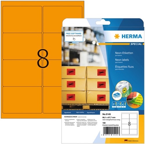 Etiket HERMA 5145 99.1x67.7mm fluor oranje 160 stuks