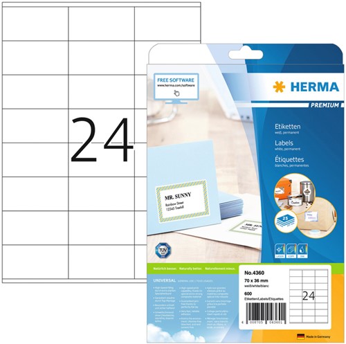 Etiket HERMA 4360 70x36mm premium wit 600stuks