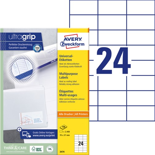Etiket Avery Zweckform 3474 70x37mm wit 2400stuks-2