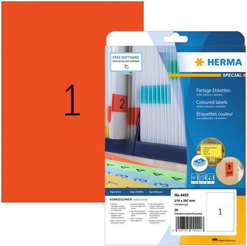 Etiket HERMA 4422 210x297mm A4 verwijderbaar rood 20 stuks